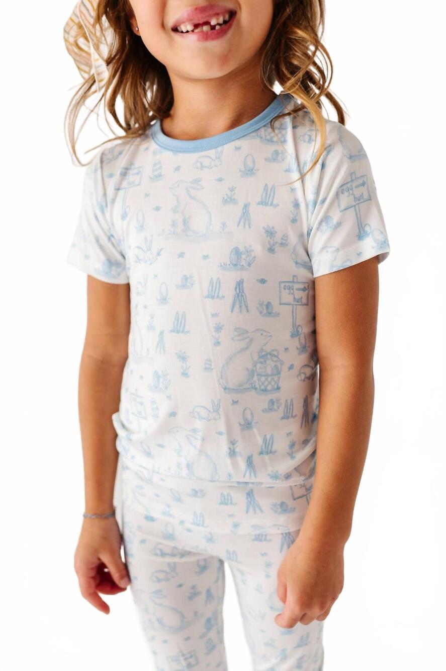 NEW BIRDIE BEAN bunny toile 2-piece pajamas in blue wite